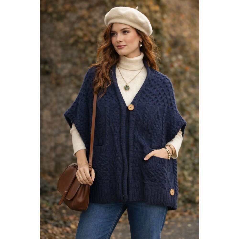 KILRONAN Knitwear Poncho Sweater Cardigan Merino Wool Cableknit One Size Ireland